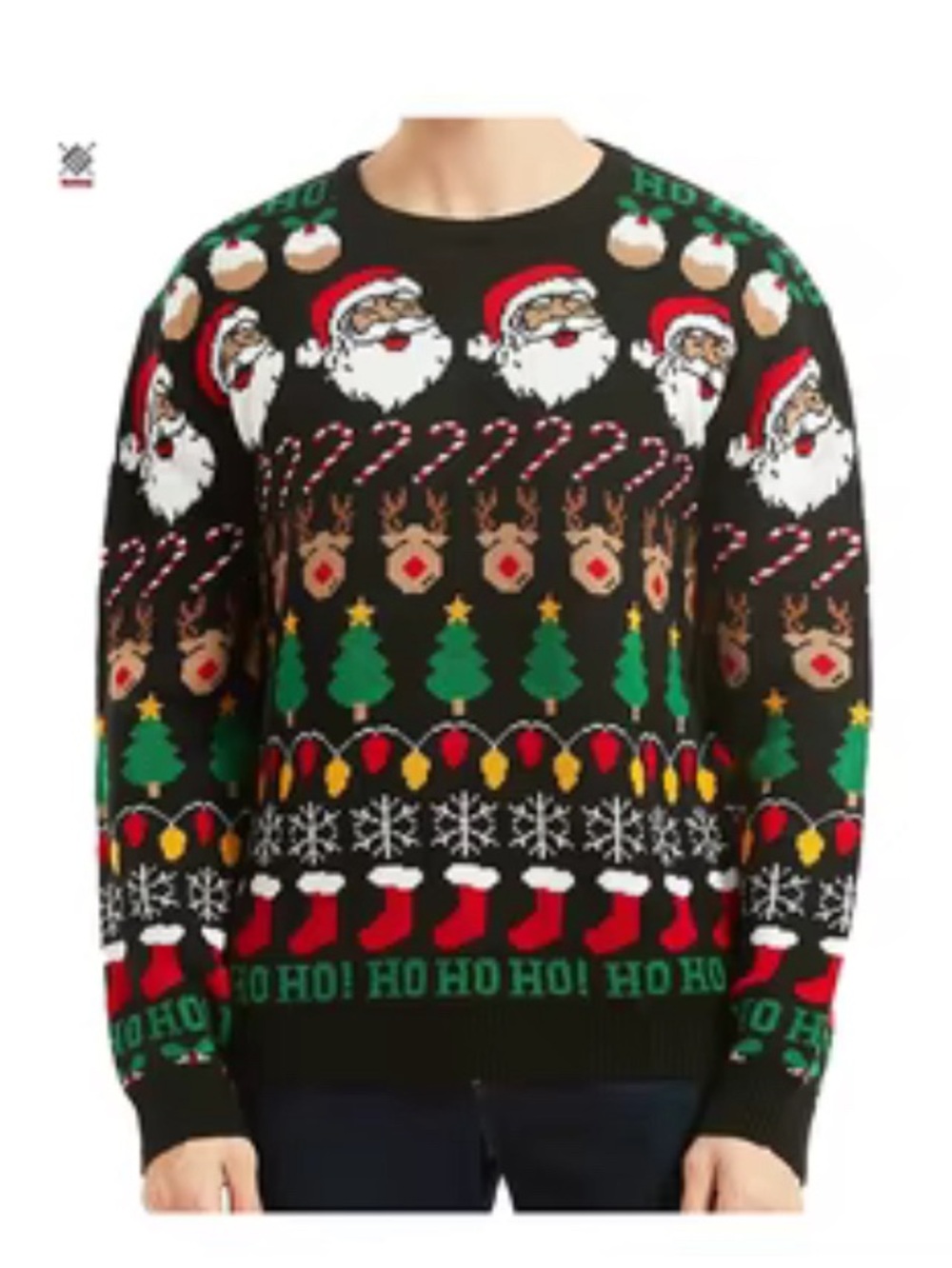 Men's Black Christmas Sweater with Santa and Tree Motif